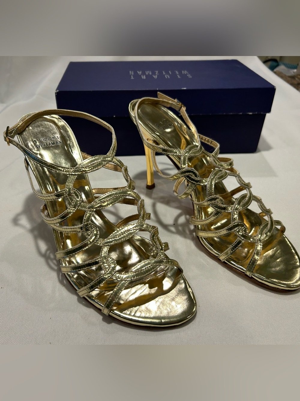 Stuart Weitzman Metallic Gold Strappy High Heel Pumps Sandals 9.5